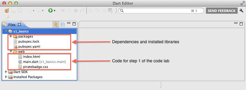 Each step has its own pubspec.* files, defining the app's dependencies; a packages directory appears; the final code for the step is under web/.