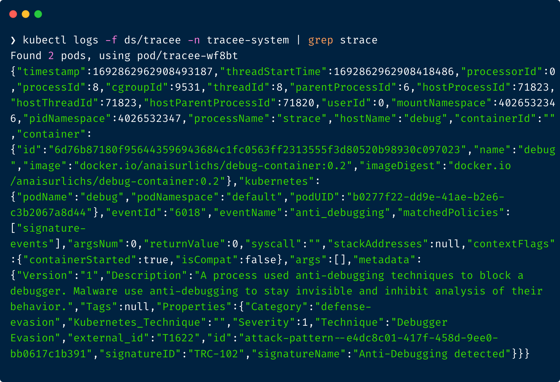 Example log output in Tracee pod