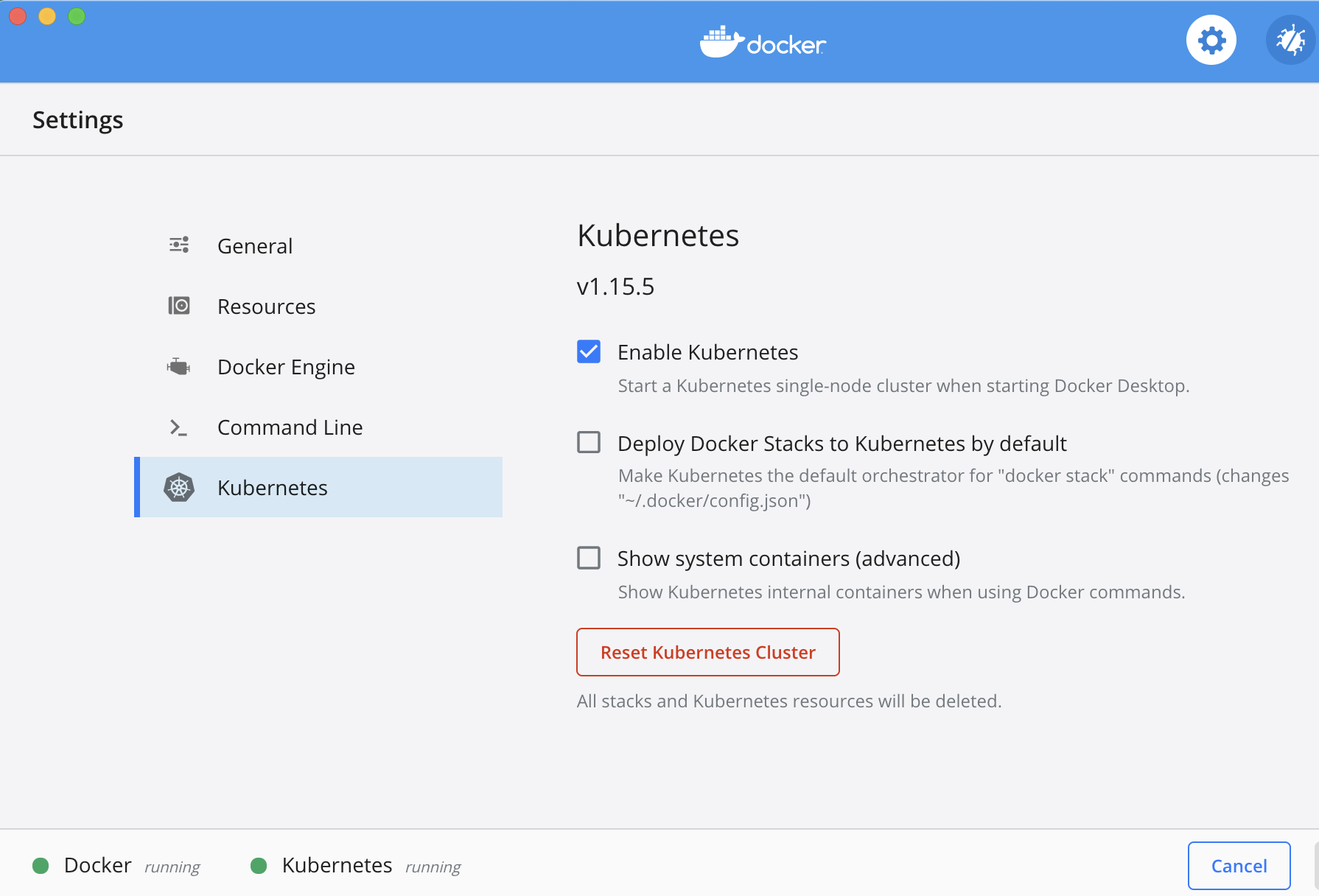 Docker Desktop Kubernetes Enable button in Docker Desktop Preferences Screenshot