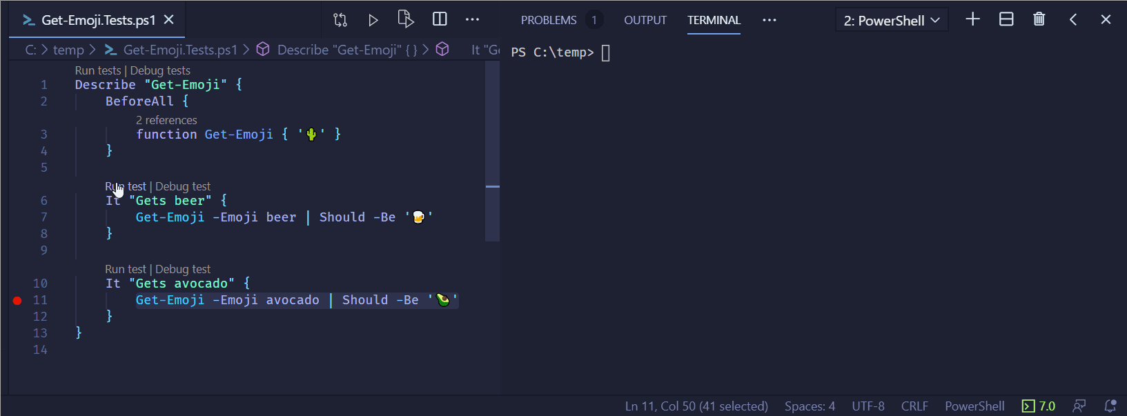 Shows a single test being run using the new Code Lense