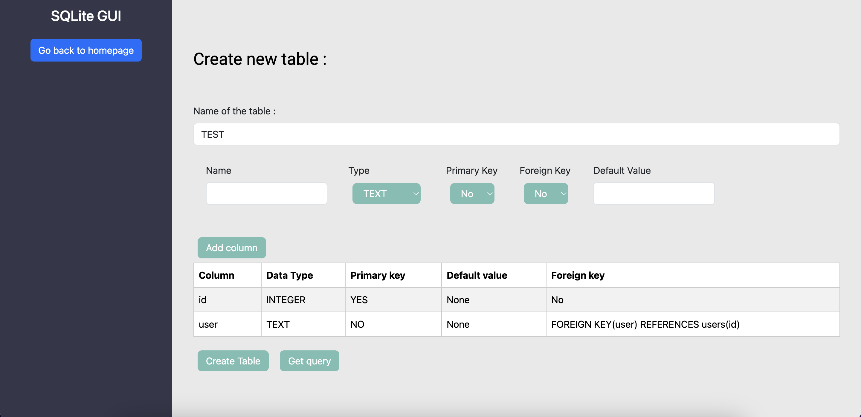 Create table