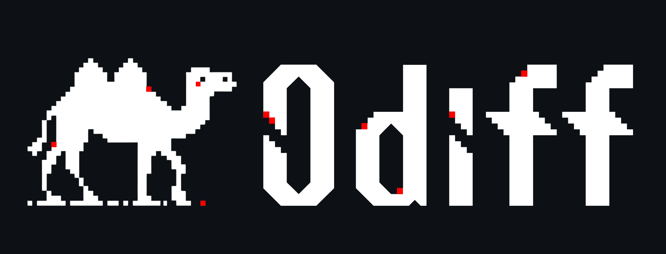 pixeletad caml and odiff text with highlighted red pixels difference