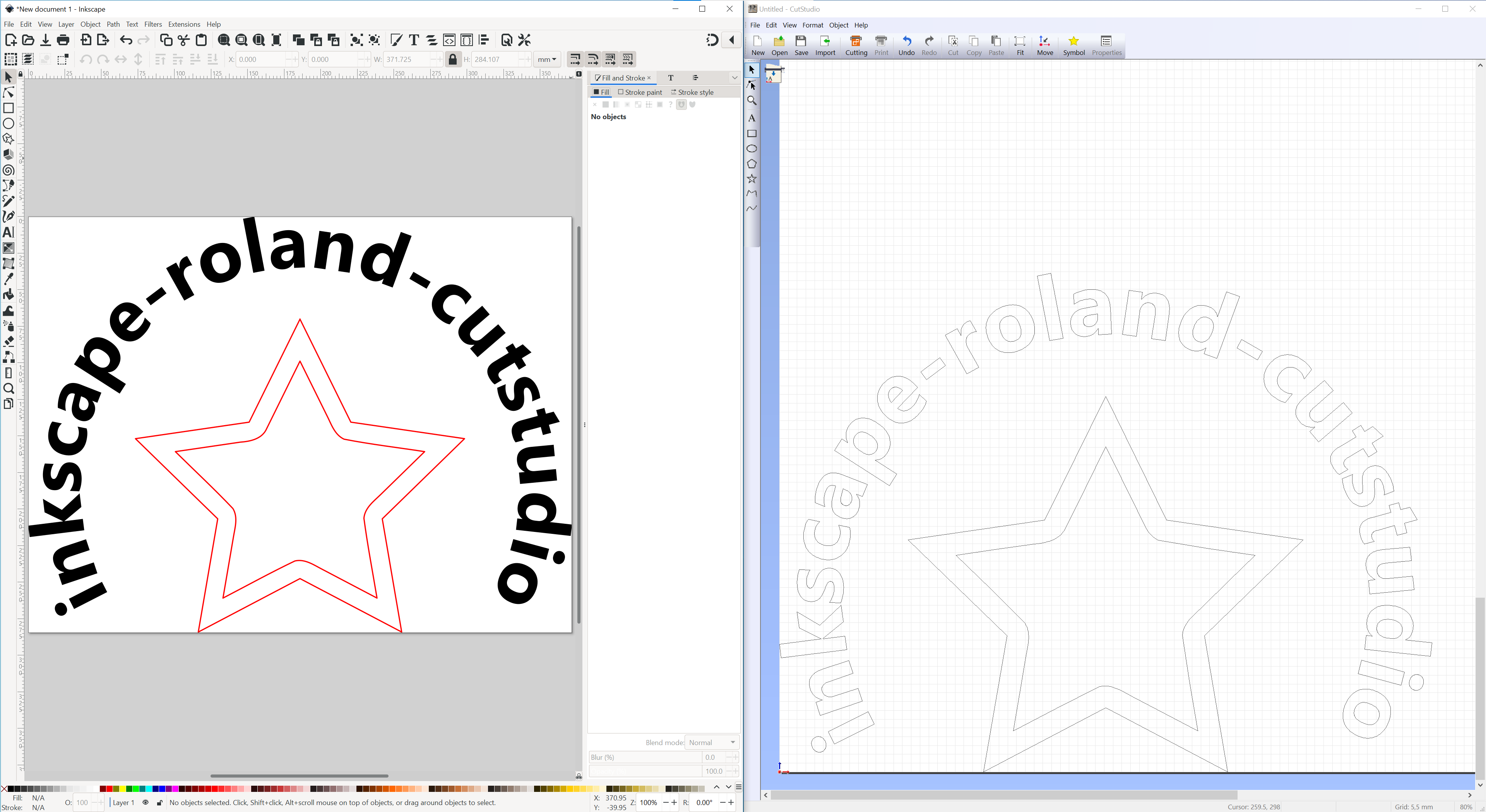 Screenshot of Inkscape file and CutStudio output side by side