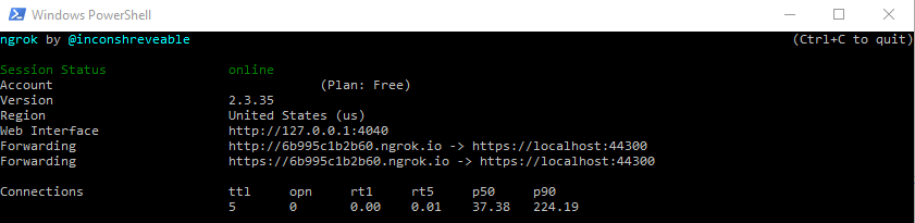 ngrok running in a PowerShell terminal