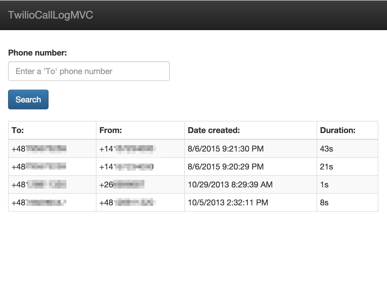 Twilio Call Log MVC