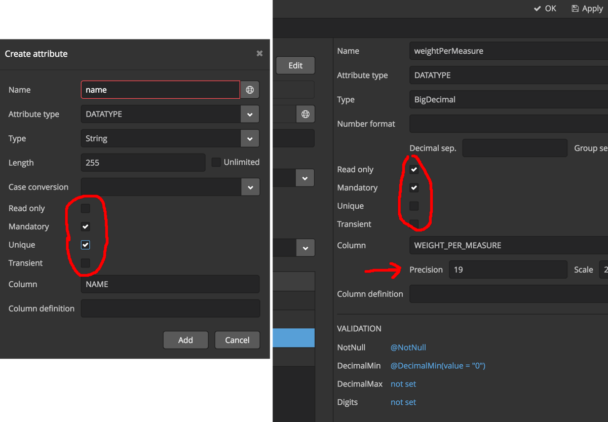 Figure 2: Setting column level DB constraints from CUBA