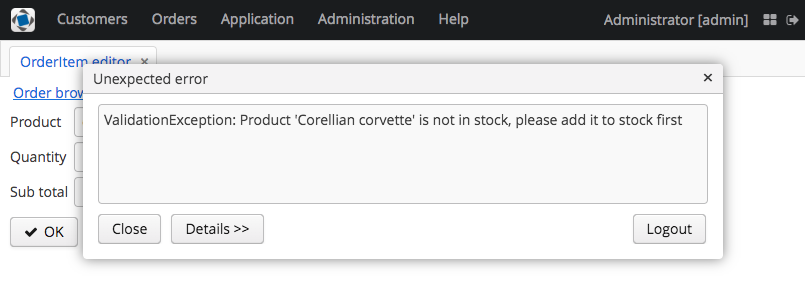 Figure 13: Error message WITHOUT client-level exception handler