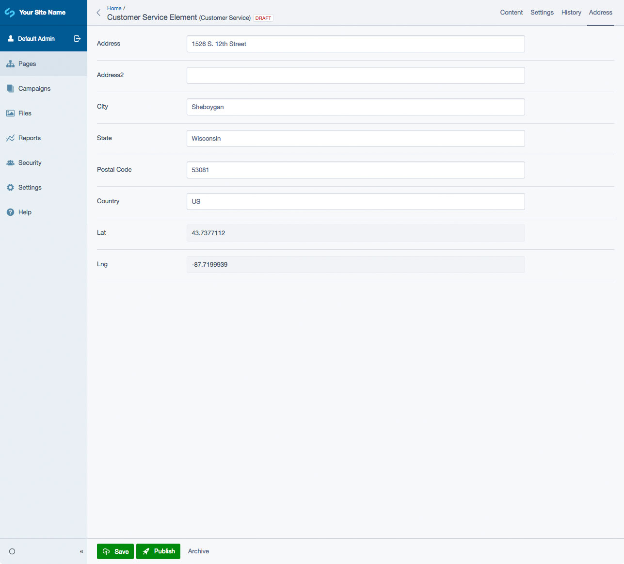 CMS - Customer Service Element - Address Tab