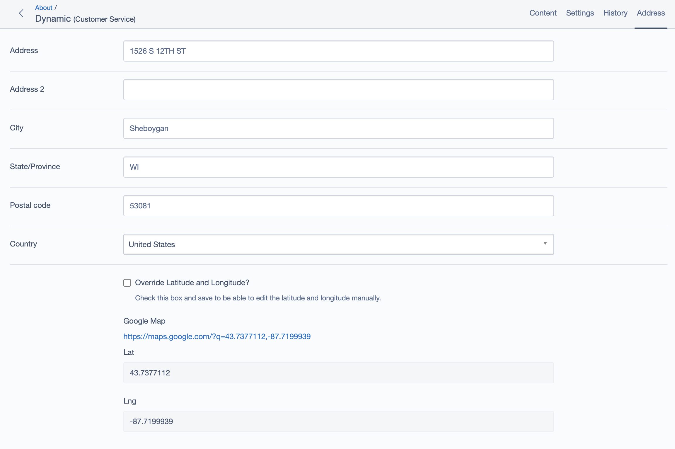 CMS - Customer Service Element - Address Tab