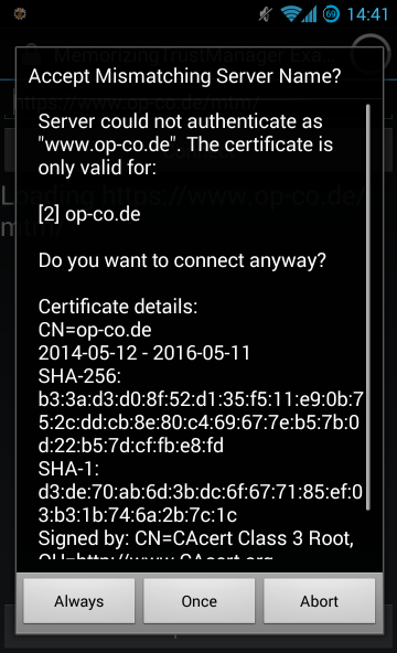 MemorizingTrustManager server name dialog