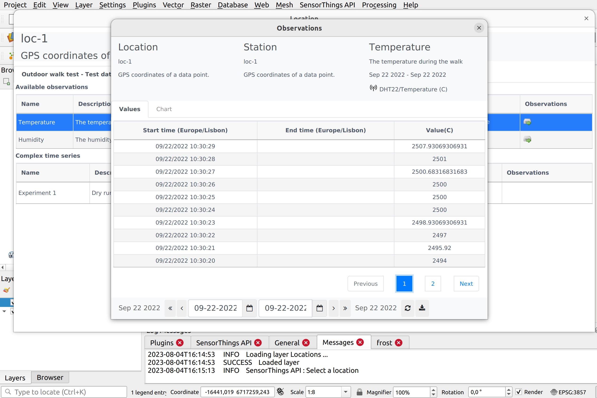 screenshot of the SensorThingsAPI QGIS plugin