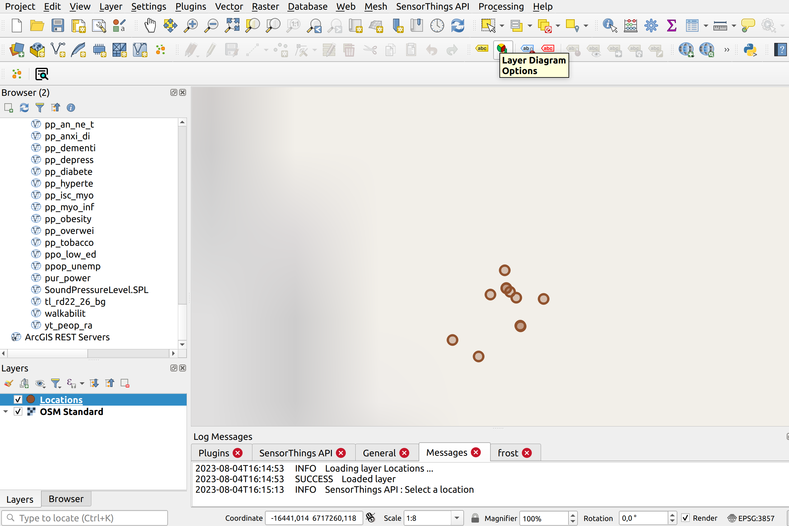 screenshot of the SensorThingsAPI QGIS plugin