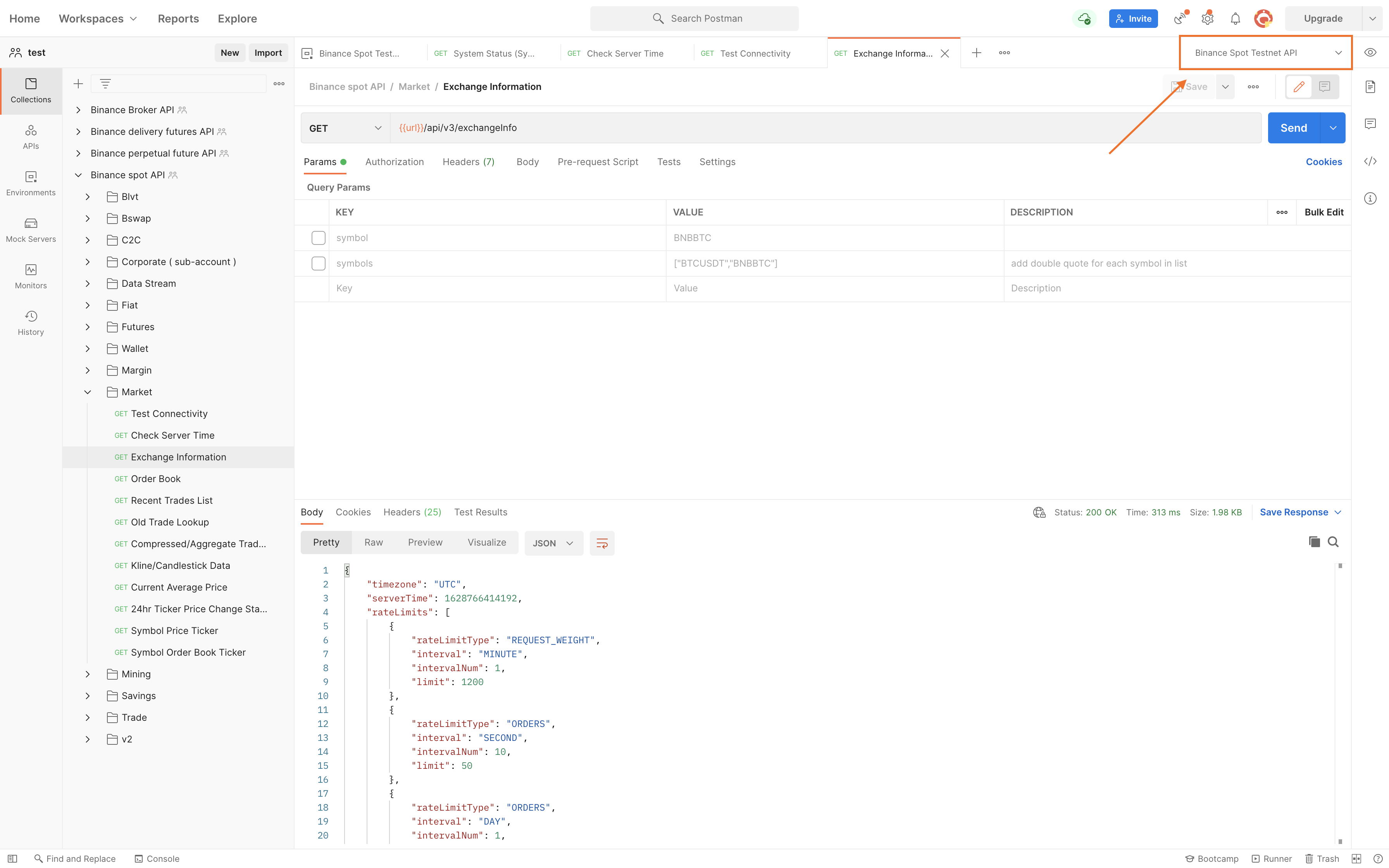 Screenshot of Postman for Mac, showing how imported environments can be selected from a dropdown .