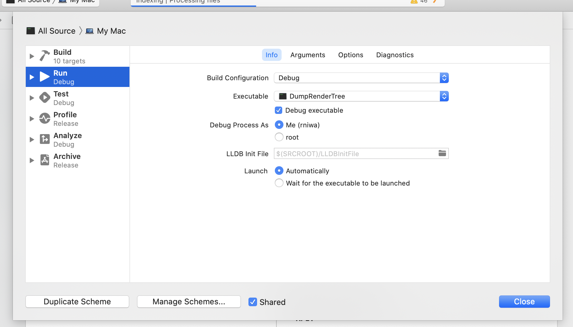 Screenshot of specifying DumpRenderTree as the target of "Run" scheme