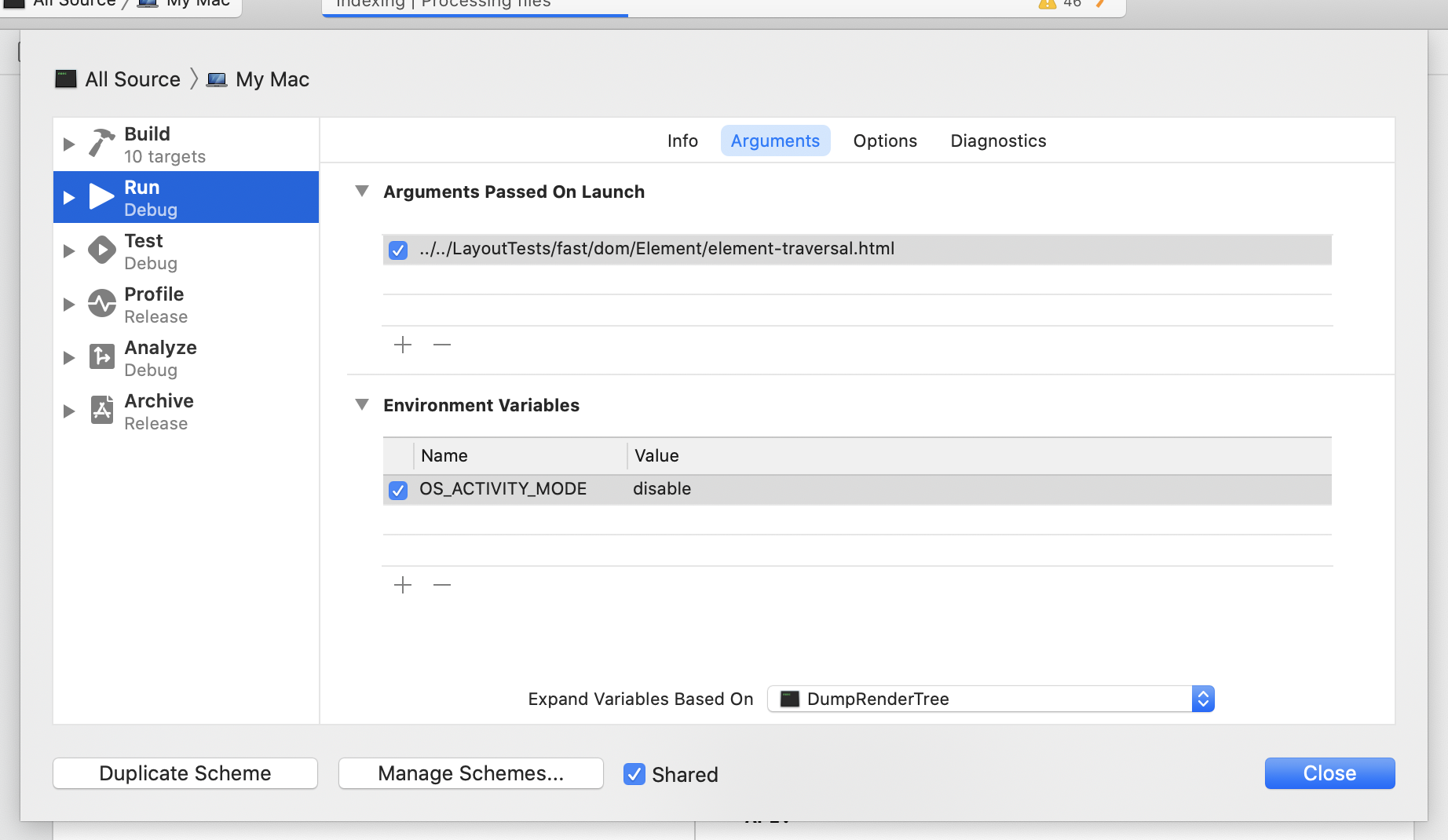 Screenshot of Xcode specifying a layout test in an argument to DumpRenderTree