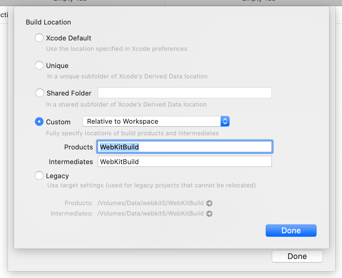 Screenshot of XCode Workspace Settings - Advanced Build Location