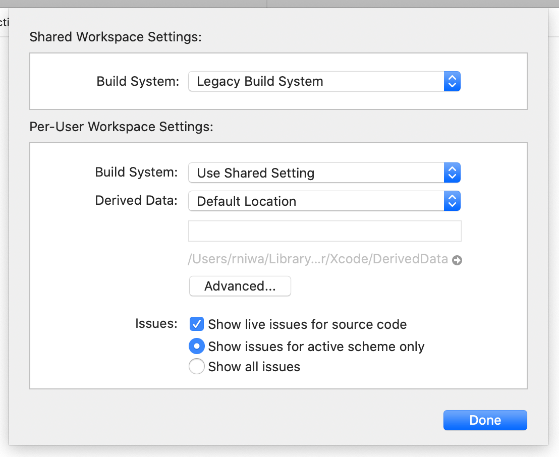 Screenshot of XCode Workspace Settings