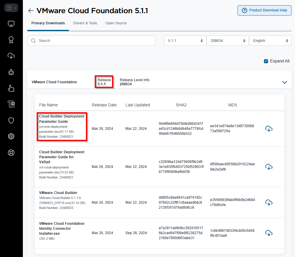 Broadcom Support Site - VCF 5.1.1 Downloads