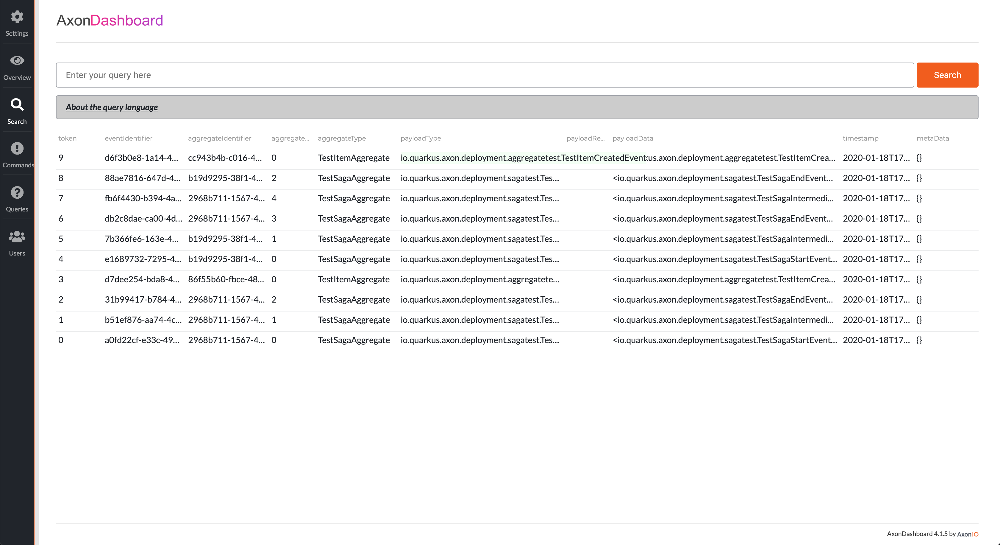 Image of integration tests events in Axon Server