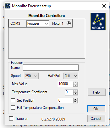 ASCOM setup finds focuser