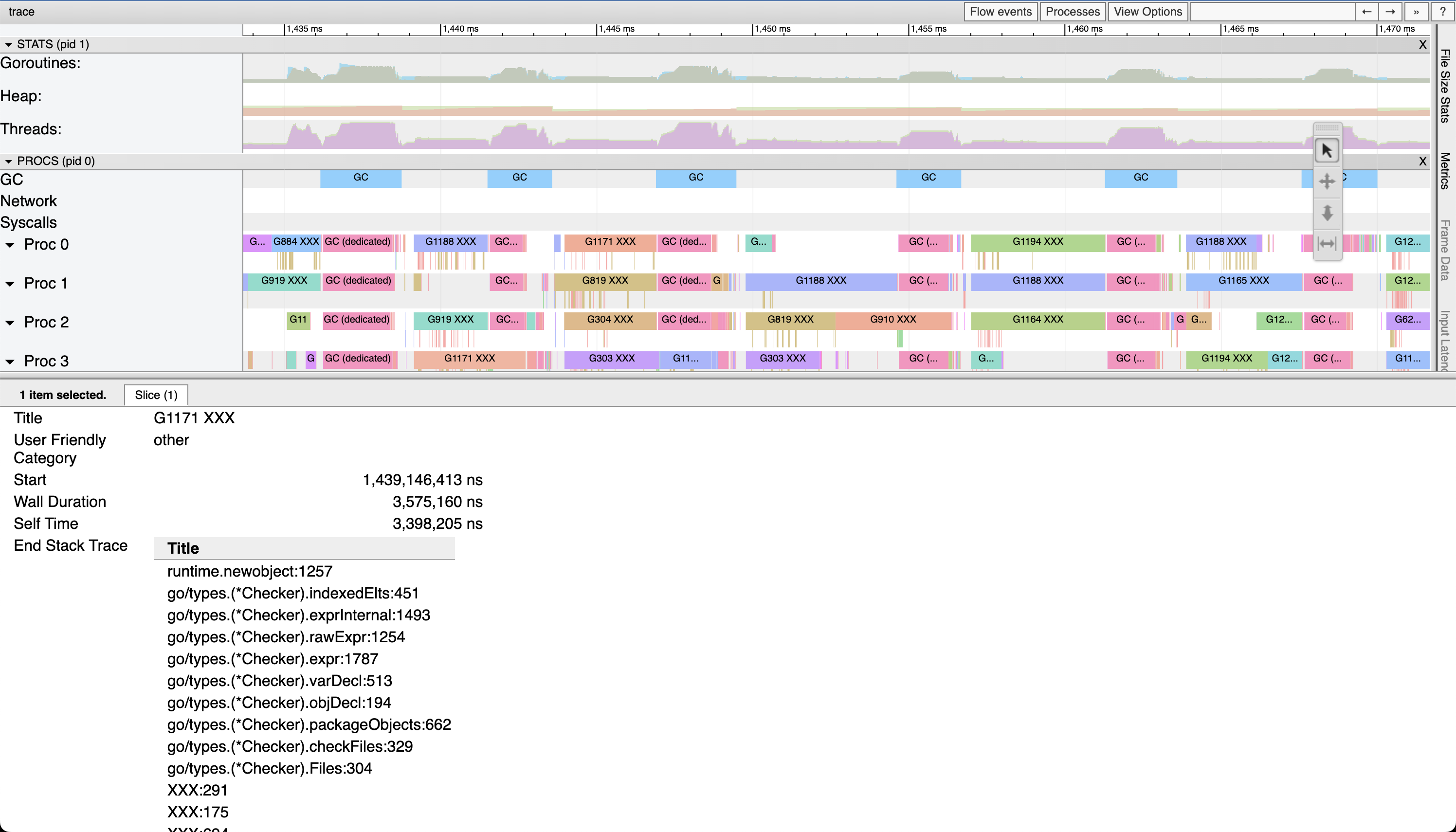 screenshot of go tool trace showing an anonymized trace