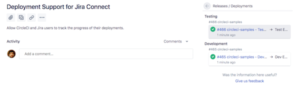 Jira developer panel with CircleCI build info