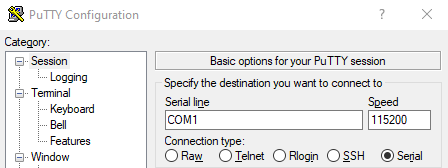 Putty serial configuration