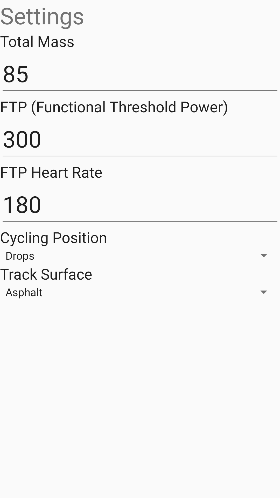 The settings with mass, FTP, FTP heart rate, bike settings and road type