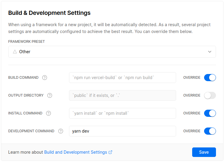 Screenshot showing Vercel project settings