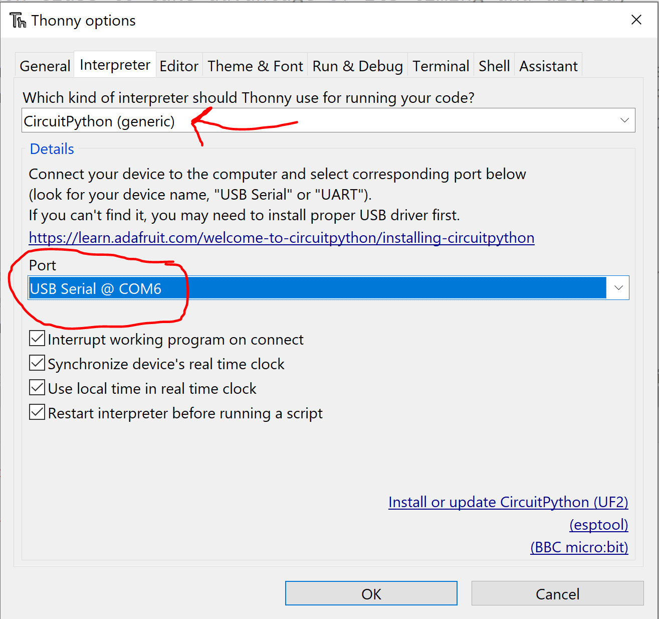 Thonny options dialog box