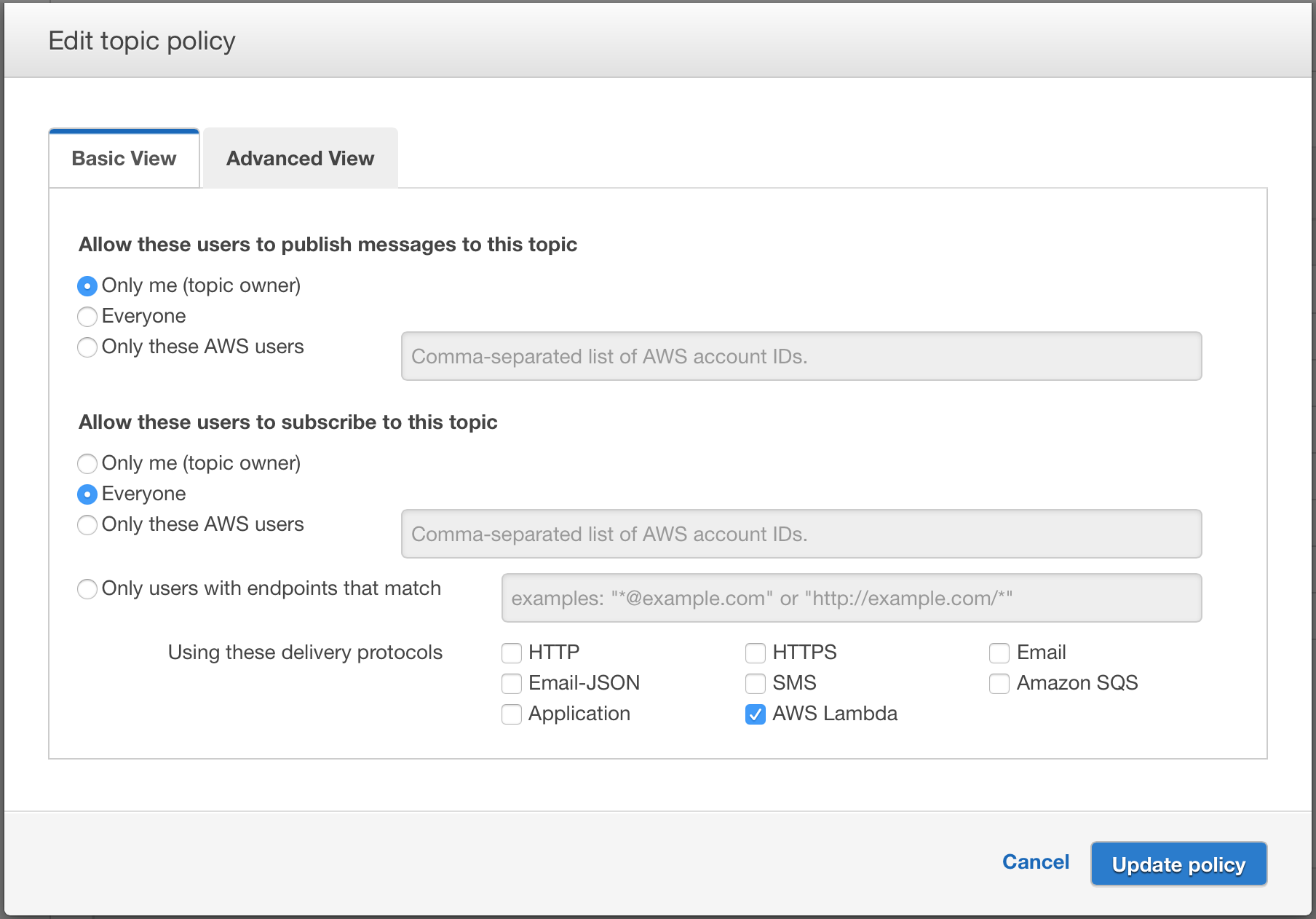 Edit Topic Policy Screenshot