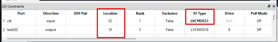 Screenshot of the I/O Constraints