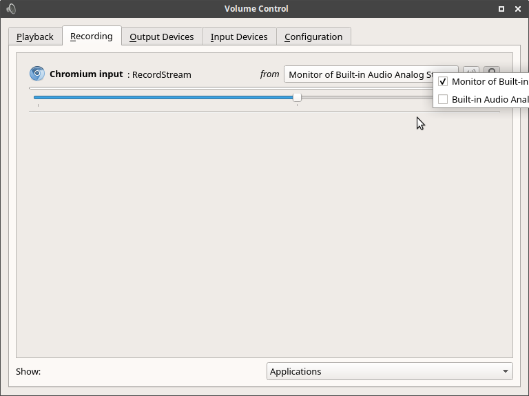 pavucontrol after getUserMedia({audio: true}), dynamic audio device capture selection