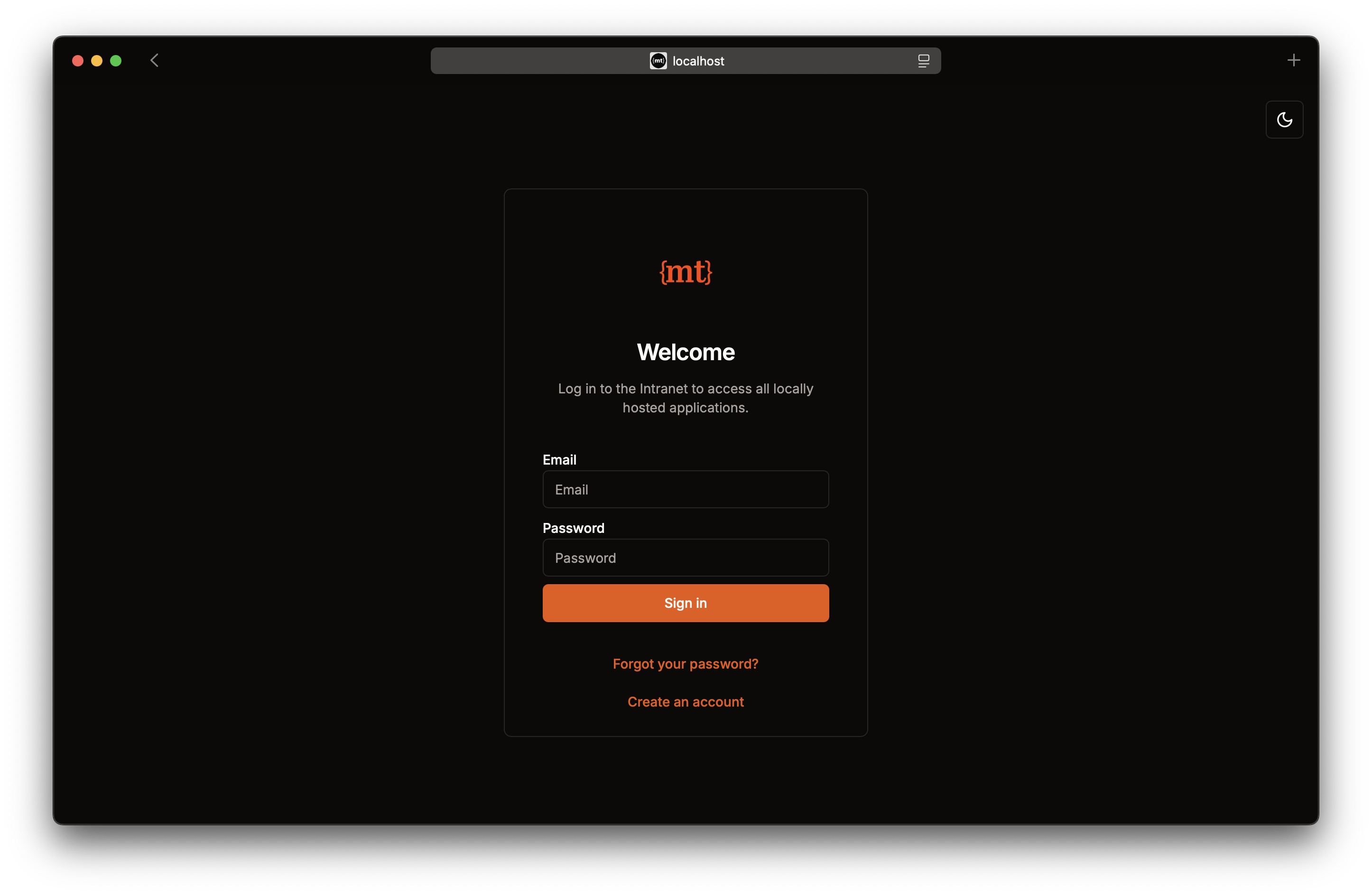 A browser window showing the login page of the authentication UI in dark mode