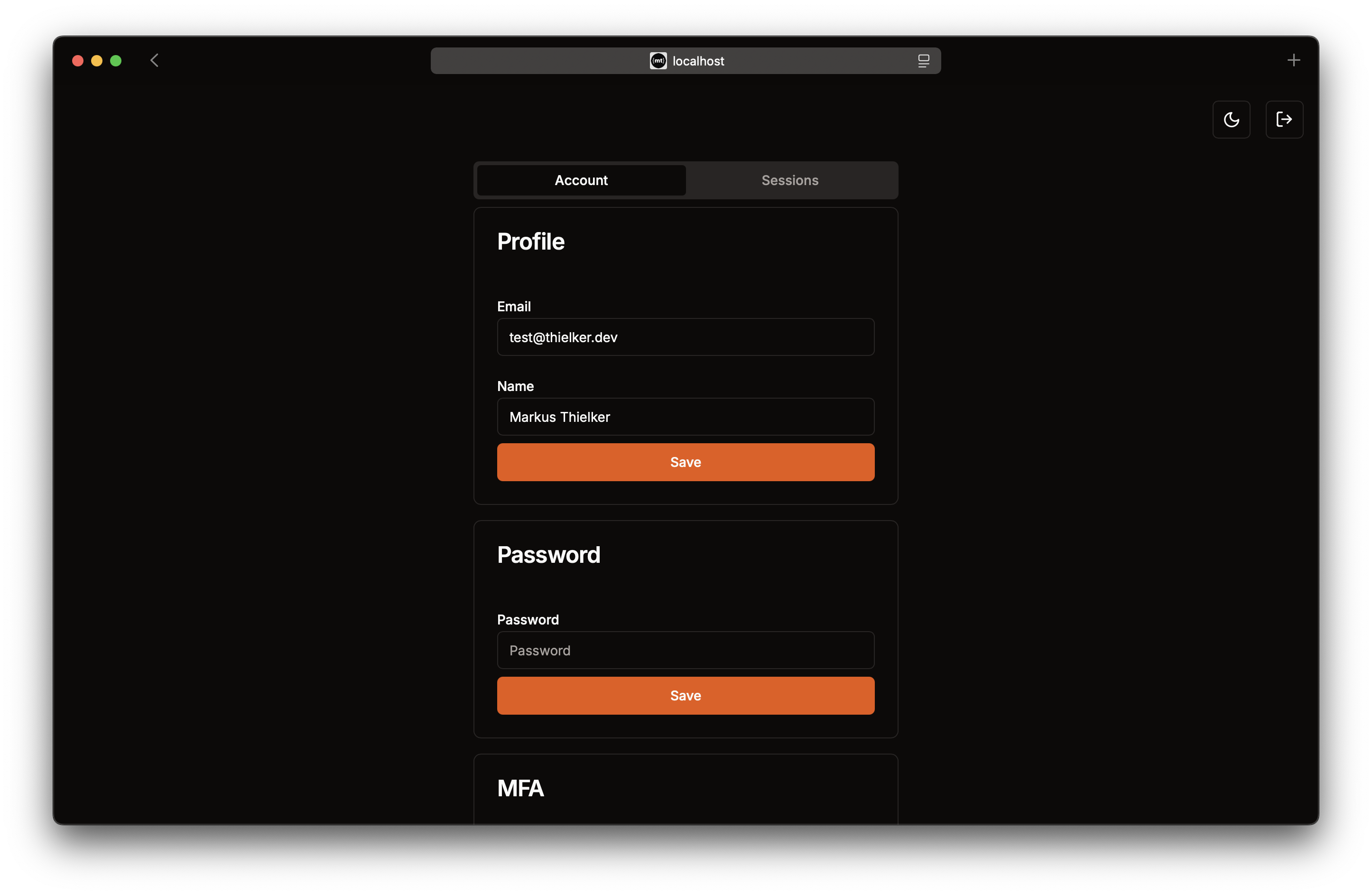 A browser window showing the profile settings page of the authentication UI in dark mode