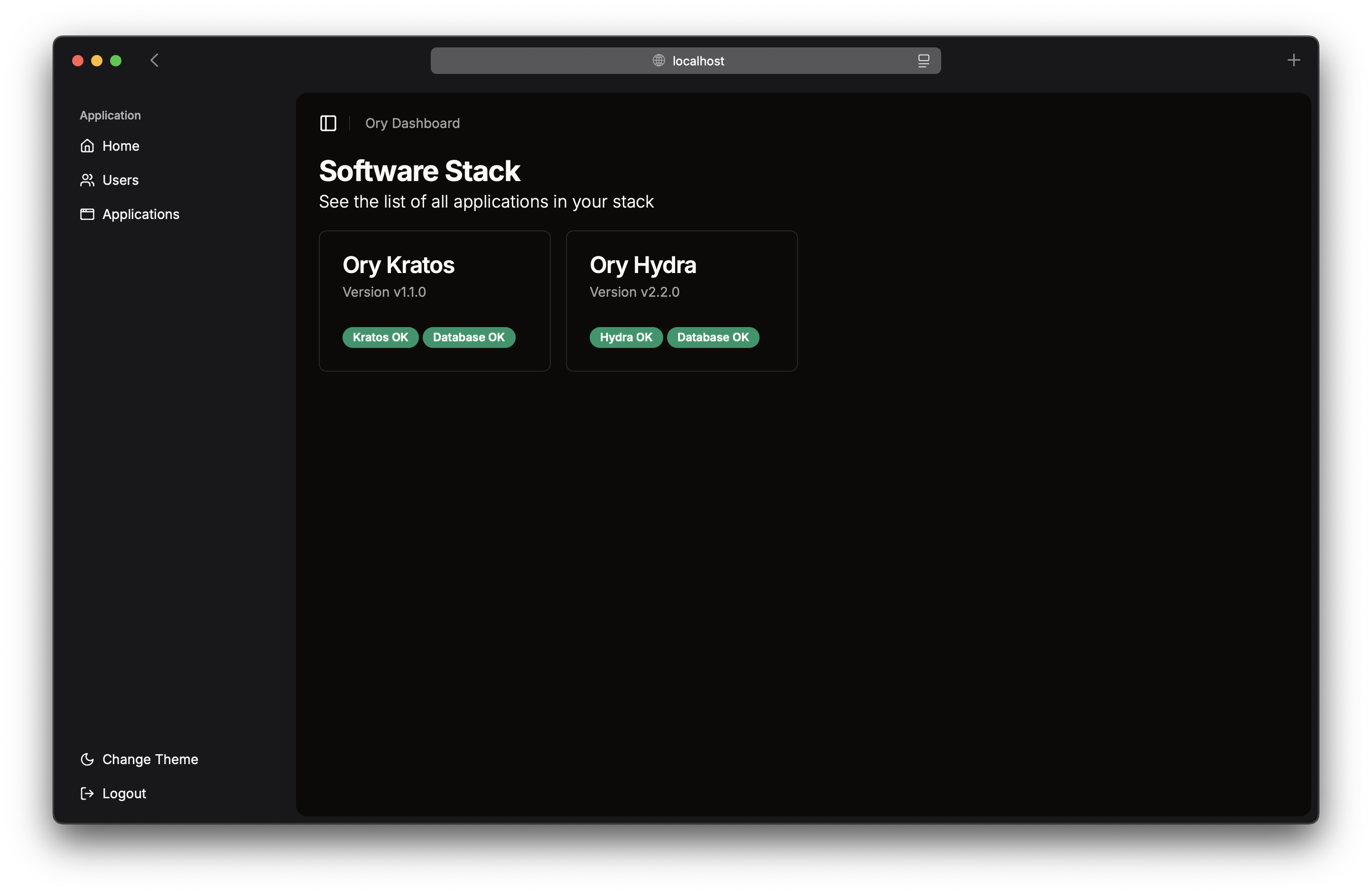 A browser window showing the home page of the dashboard UI in dark mode