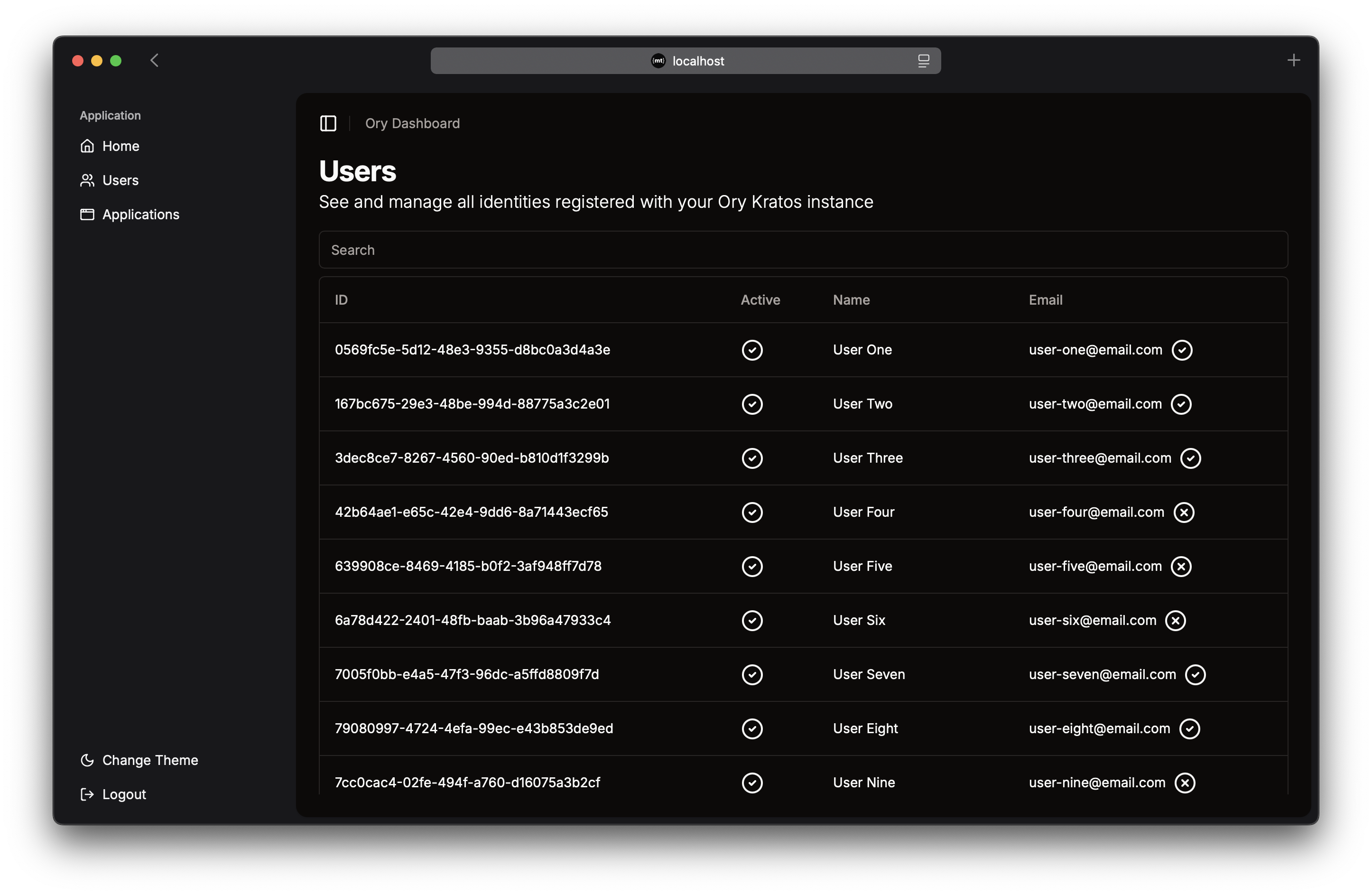 A browser window showing the users page of the dashboard UI in dark mode