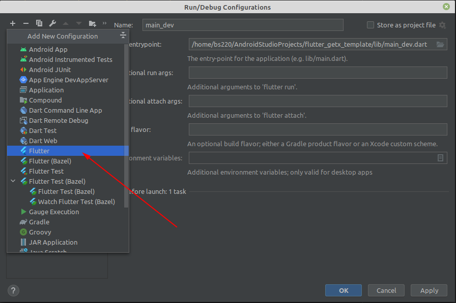 Select Flutter configuration option