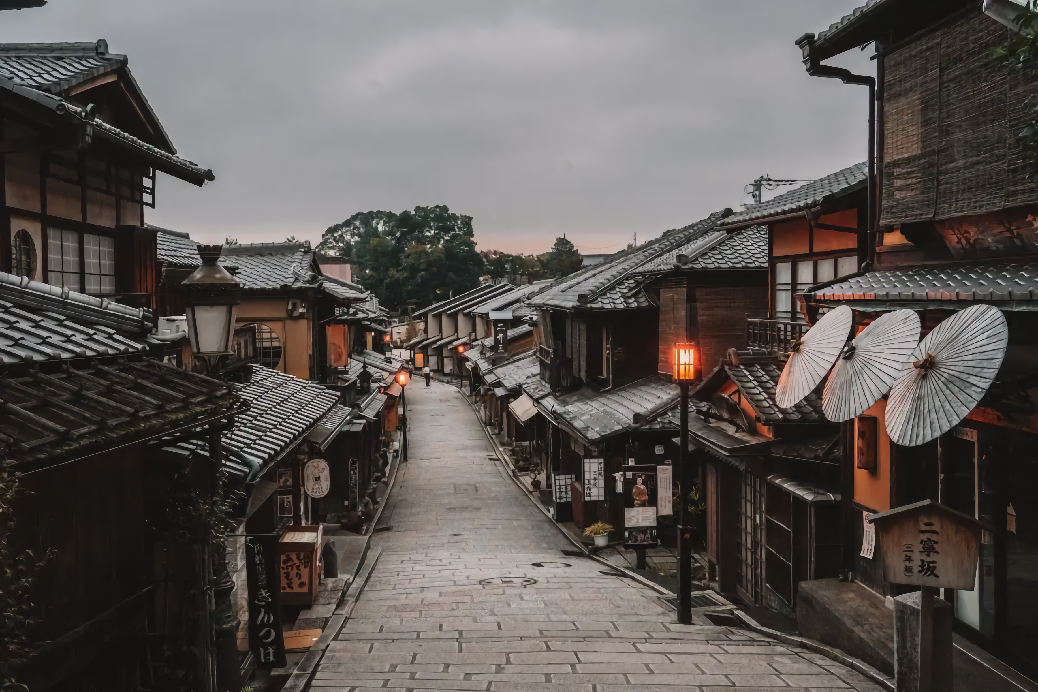 a_street_with_buildings_and_a_street_lamp