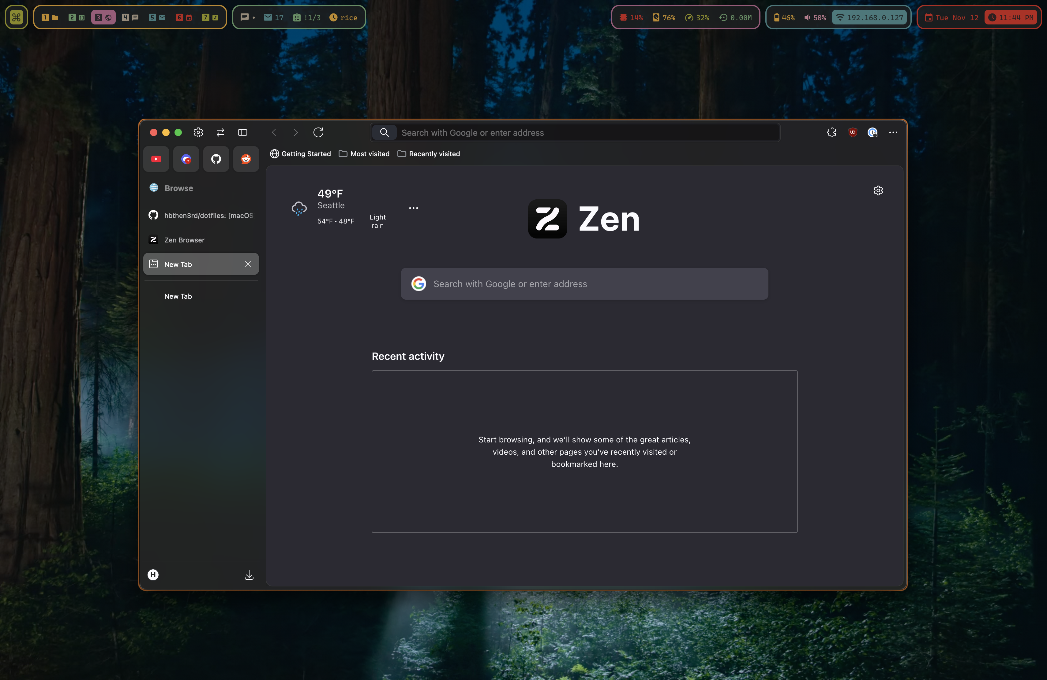 Zen Browser new tab page