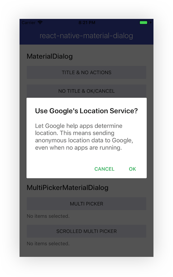 React Native Material Dialog iOS Showcase
