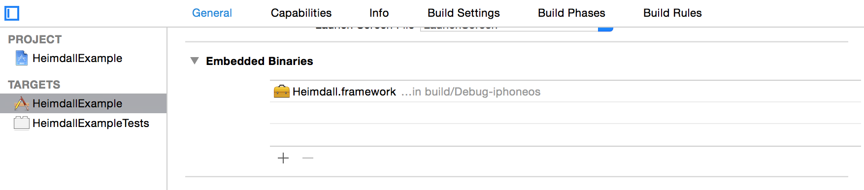 Embedded Binaries under application target settings