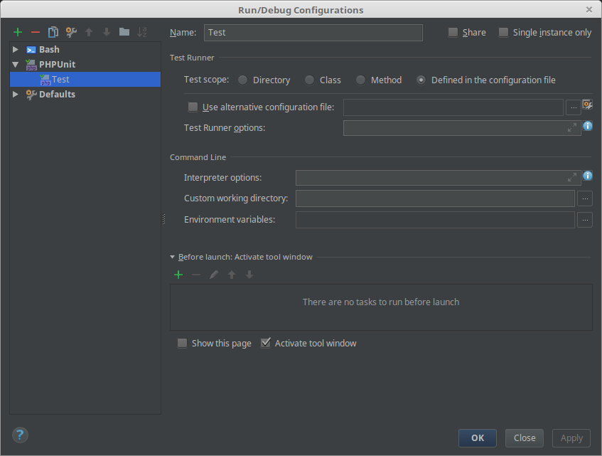 PHPStorm tests config