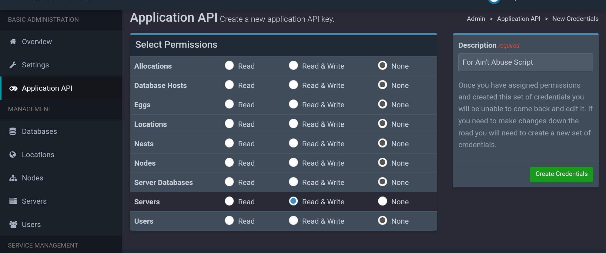 Application API Key Screenshot