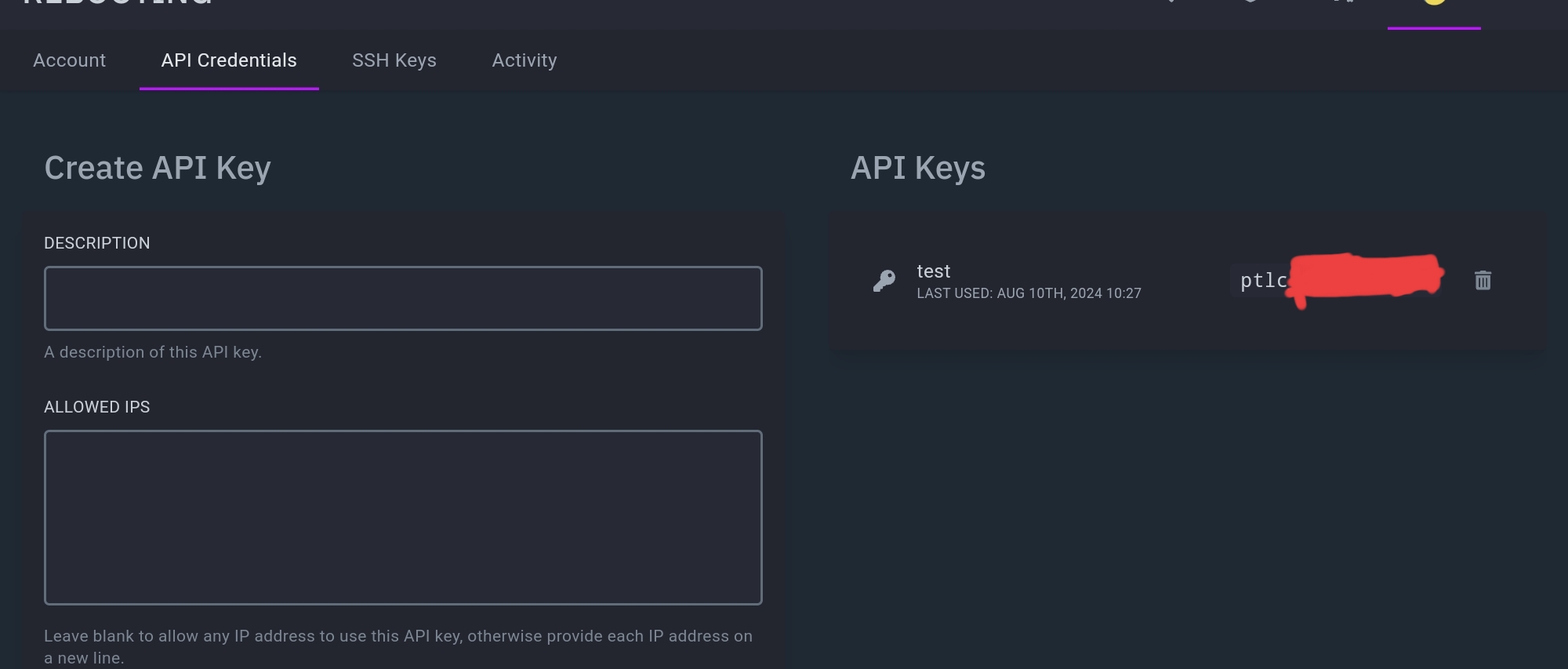 Client API Key Screenshot