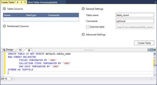 Screenshot of the HDInsight Visual Studio Tools Create Table window