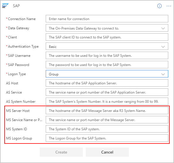 Create SAP message server connection