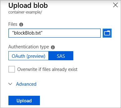 Screenshot showing how to upload a blob from your local drive