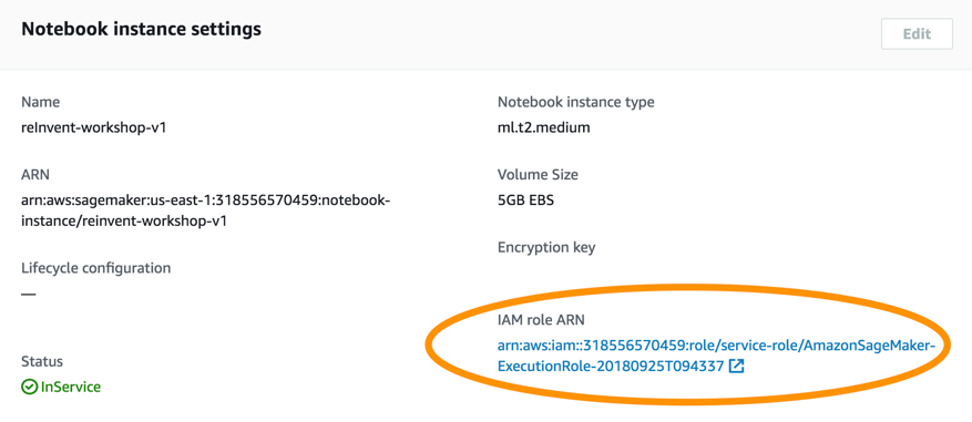 SageMaker console instance details