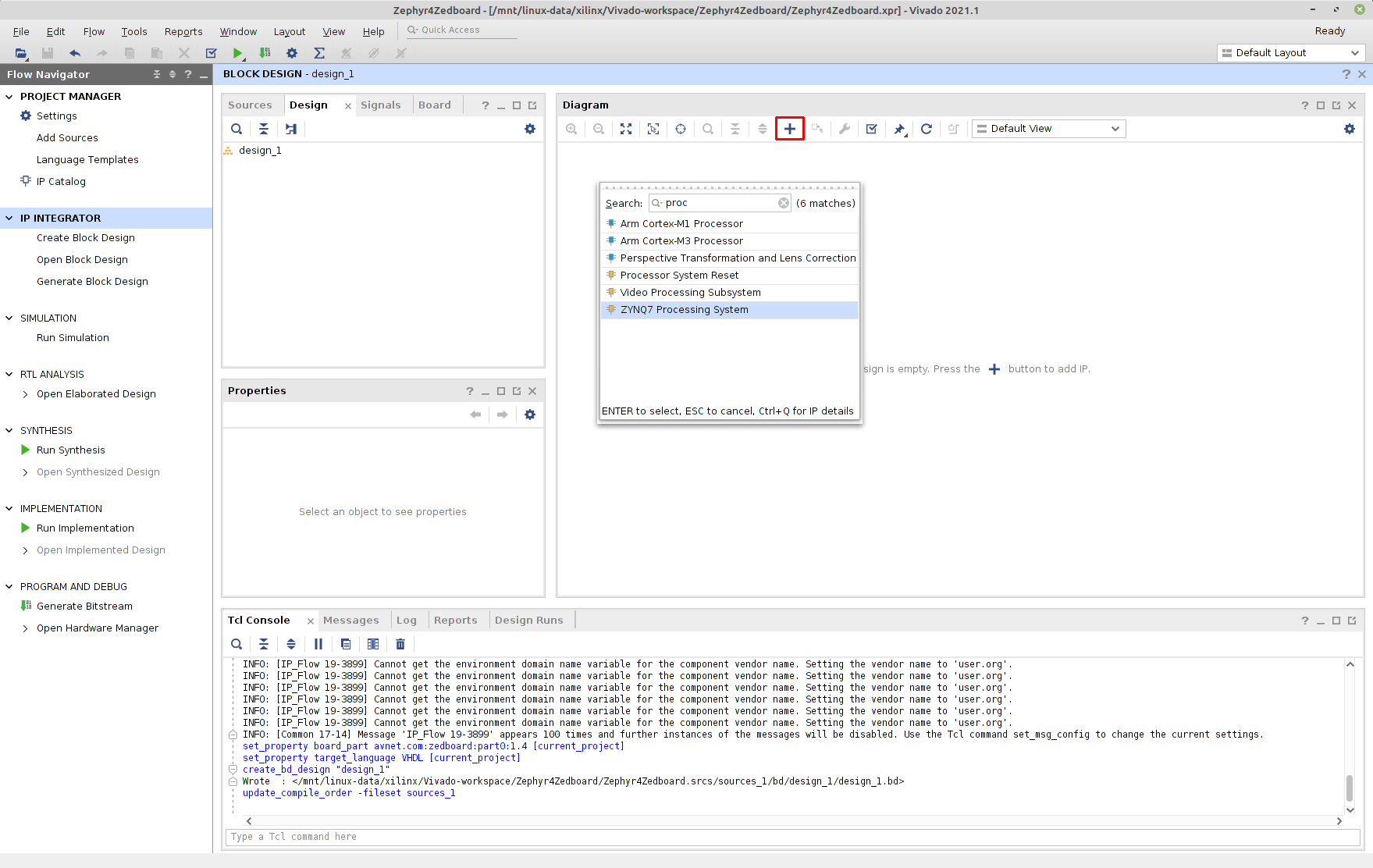 Vivado Block Design: add ZYNQ7 Processing System